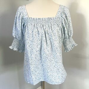 Dondolo White Blue Floral Square Neck Puff Sleeve Blouse Womens sz M Cottagecore